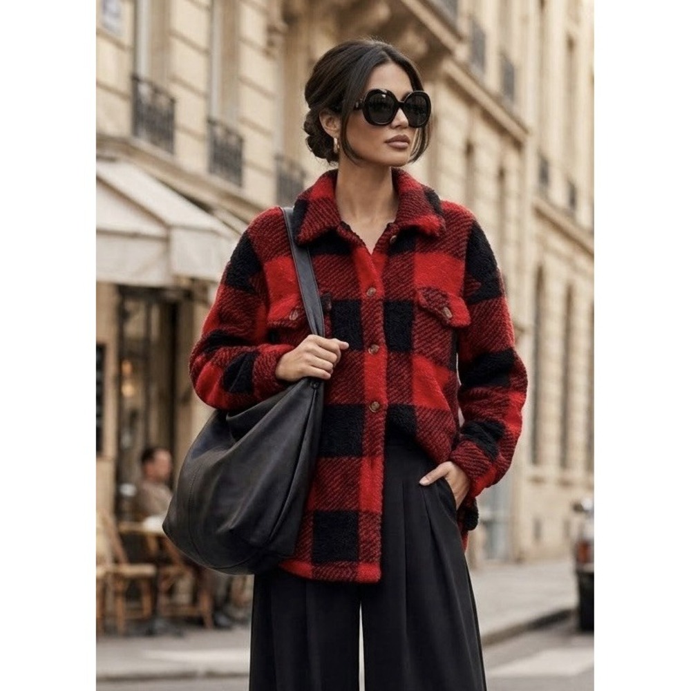 Bold Red Tartan Fleece Shirt Jacket XL Elevated Casual Cozy Maximalist Cabin